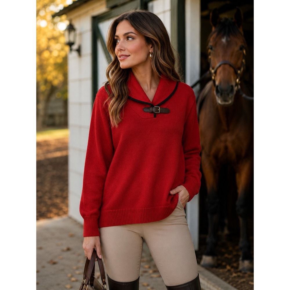Women's Red Cowl Neck Sweater Blk XL Trim 3/4 Sleeve Cozy Knit Pullover